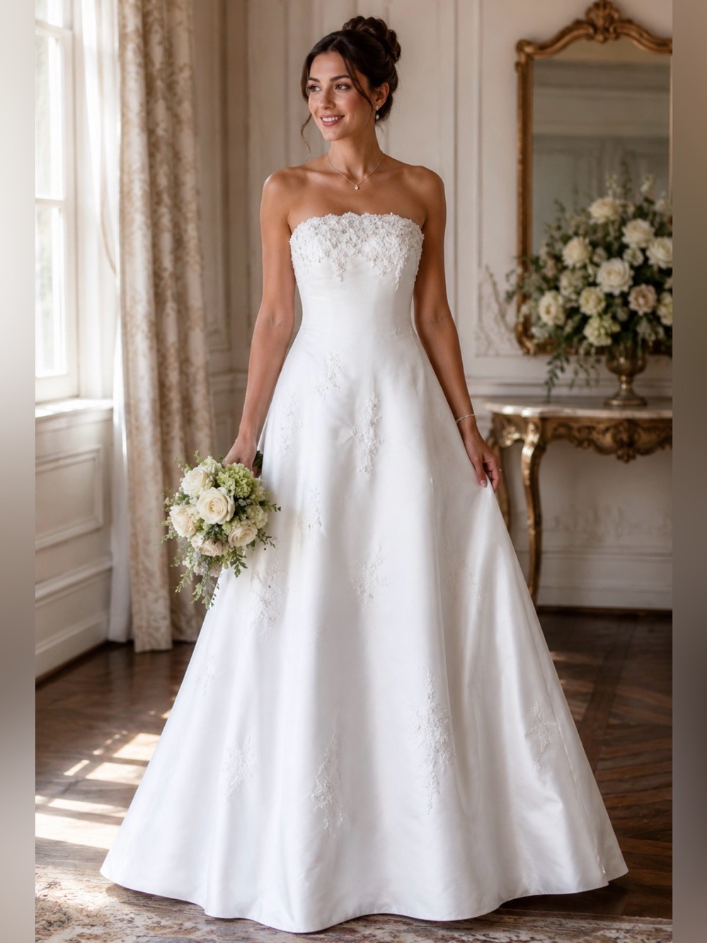 David's Bridal Strapless White Wedding Gown
